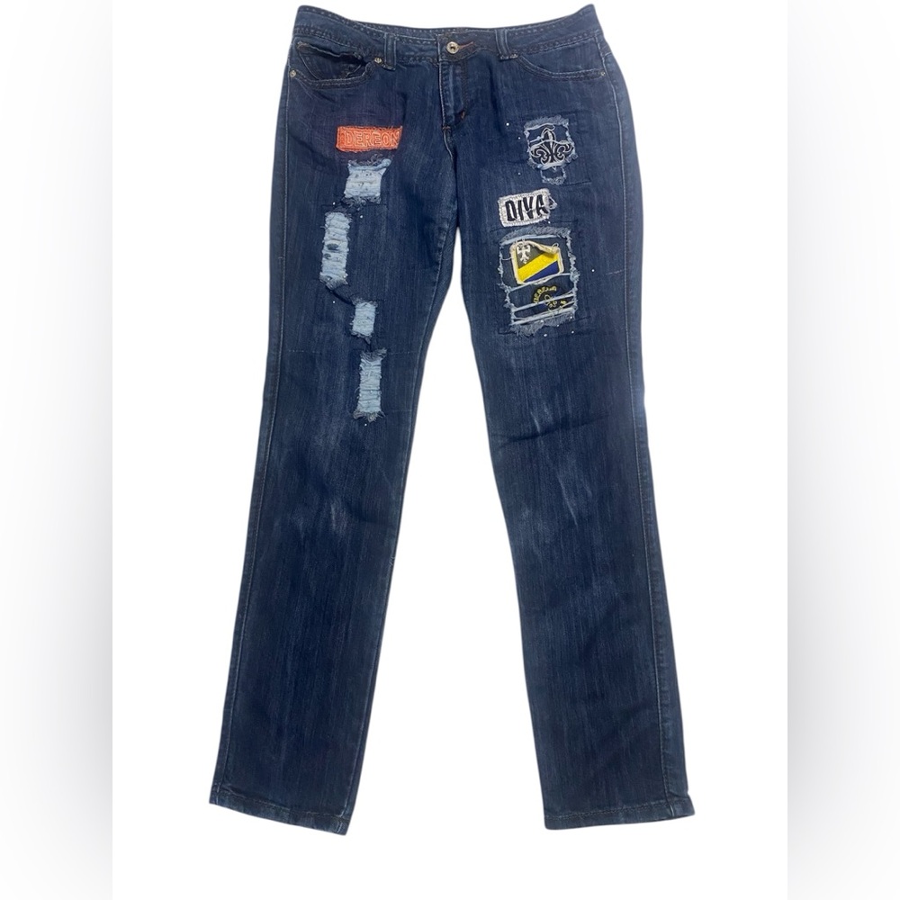 Dereon Y2K Woman’s Dark Blue Boot Cut Jeans with Patchwork Accents SZ 13/14